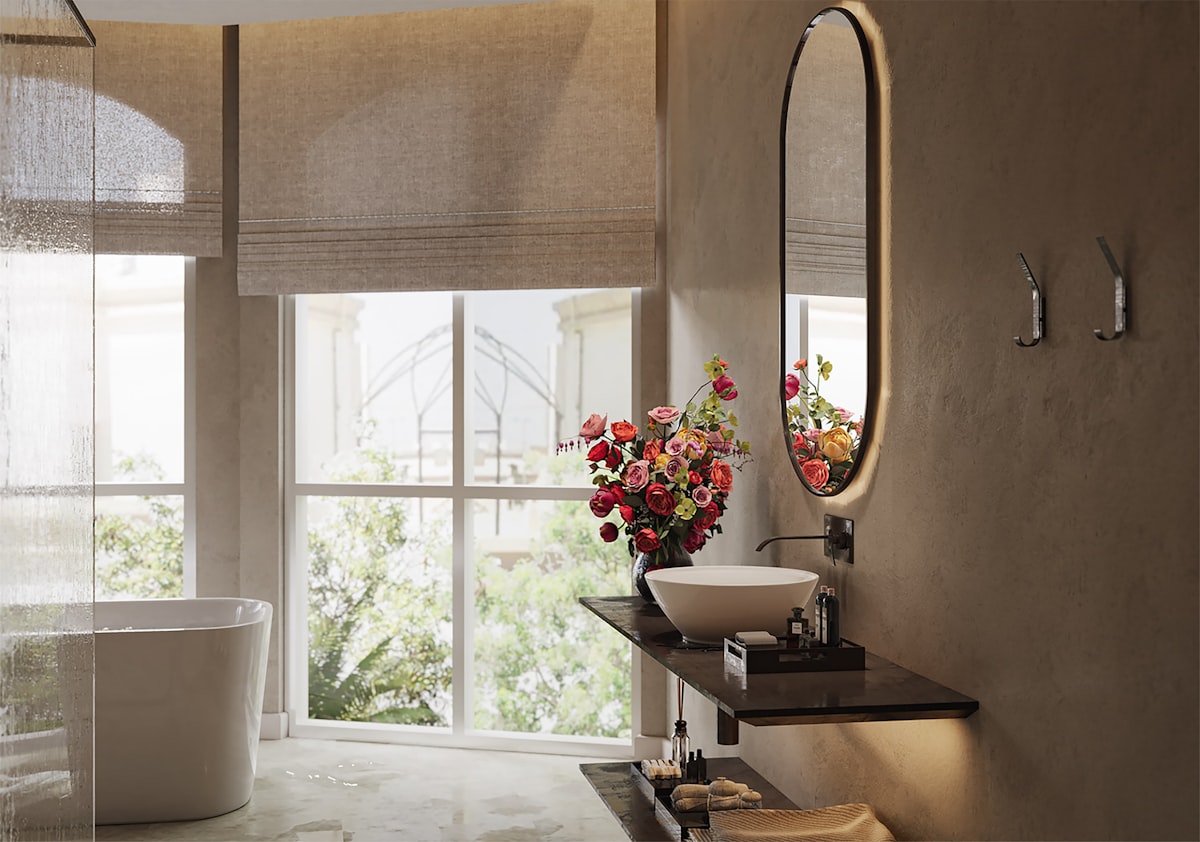 Elegant gestaltetes Badezimmer mit freistehender Badewanne und stilvollem Waschtisch